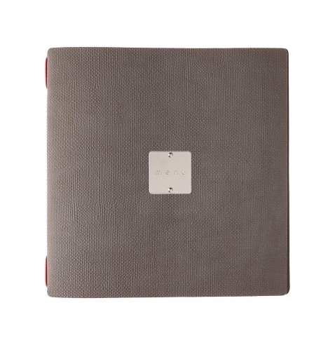 Porta Menu QUADRATO (23x23,1 cm) etichetta METAL "personalizzata" (minimo 18 pezzi) cornicetta (4 facciate) elastico rosso JUTA 