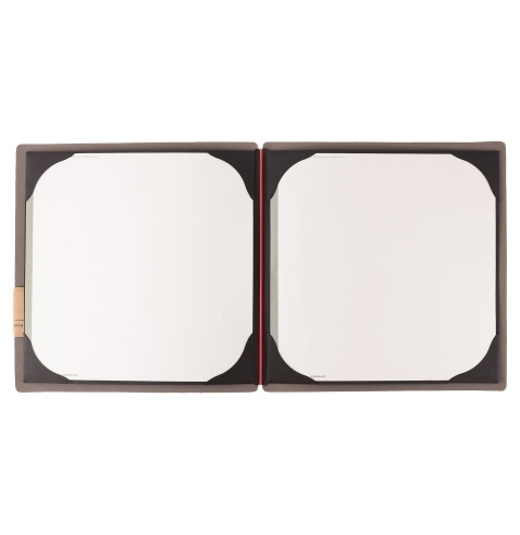 Porta Menu QUADRATO (23x23,1 cm) etichetta PATCH "personalizzata" (minimo 18 pezzi) cornicetta (4 facciate) elastico rosso JUTA 