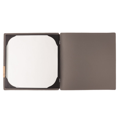 Porta Menu QUADRATO (23x23,1 cm) etichetta PATCH "menu" cornicetta (4 facciate) elastico rosso JUTA GRIGIO