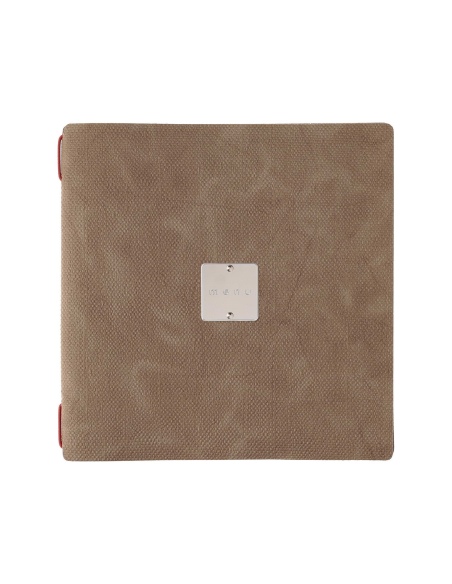 Porta Menu QUADRATO (23x23,1 cm) etichetta METAL "menu" cornicetta (4 facciate) elastico rosso JUTA CAMMELLO