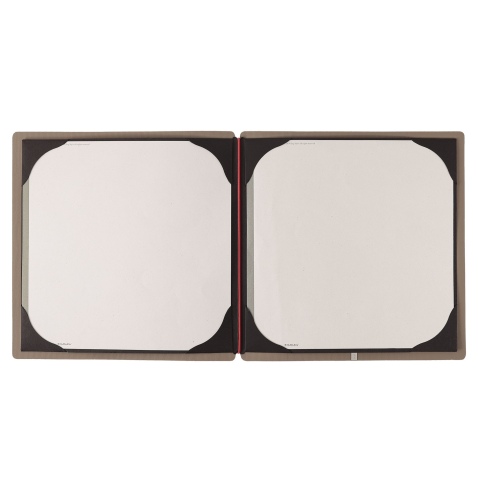 Porta Menu QUADRATO (23x23,1 cm) etichetta METAL "menu" cornicetta (4 facciate) elastico rosso JUTA CAMMELLO