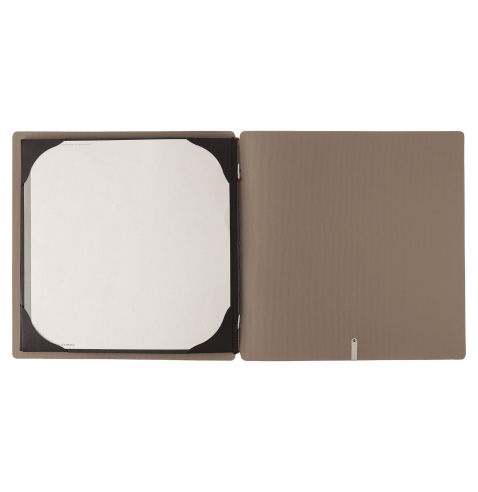 Porta Menu QUADRATO (23x23,1 cm) etichetta METAL "menu" cornicetta (4 facciate) elastico rosso JUTA CAMMELLO