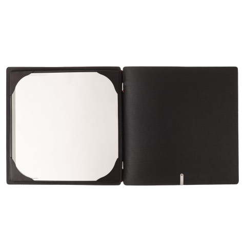 Porta Menu QUADRATO (23x23,1 cm) etichetta METAL "menu" cornicetta (4 facciate) elastico rosso JUTA NERO