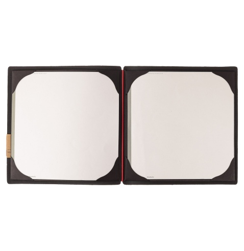 Porta Menu QUADRATO (23x23,1 cm) etichetta PATCH "personalizzata" (minimo 18 pezzi) cornicetta (4 facciate) elastico rosso JUTA 