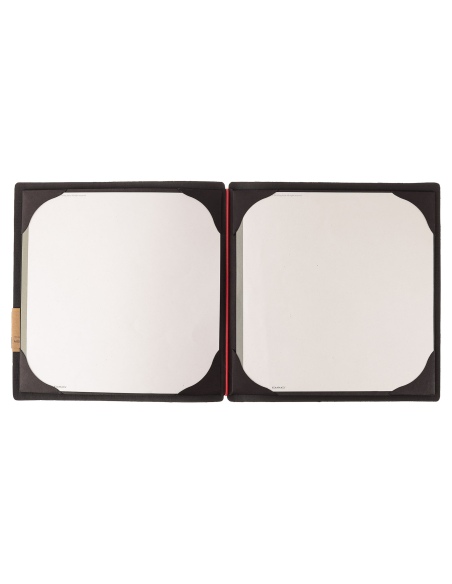 Porta Menu QUADRATO (23x23,1 cm) etichetta PATCH "menu" cornicetta (4 facciate) elastico rosso JUTA NERO