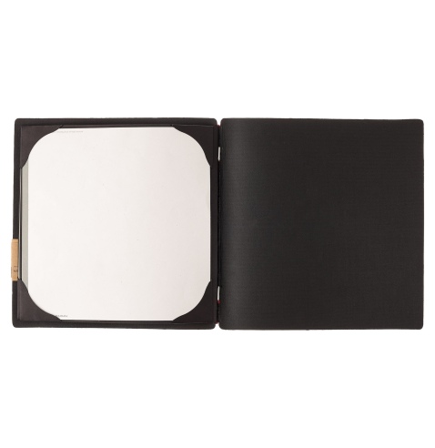 Porta Menu QUADRATO (23x23,1 cm) etichetta PATCH "menu" cornicetta (4 facciate) elastico rosso JUTA NERO