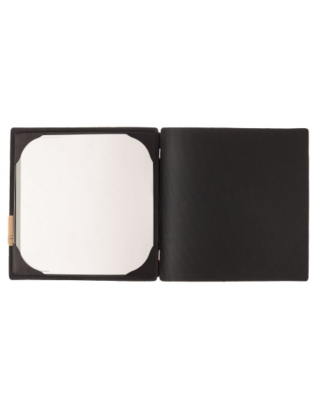 Porta Menu QUADRATO (23x23,1 cm) etichetta PATCH "menu" cornicetta (4 facciate) elastico rosso JUTA NERO