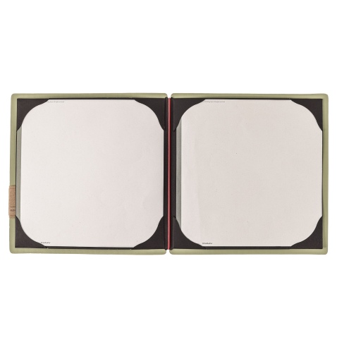 Porta Menu QUADRATO (23x23,1 cm) etichetta PATCH "personalizzata" (minimo 18 pezzi) cornicetta (4 facciate) elastico rosso JUTA 