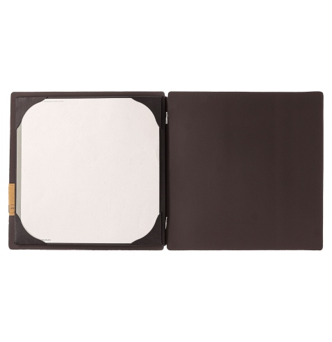 Porta Menu QUADRATO (23x23,1 cm) etichetta PATCH "menu" cornicetta (4 facciate) elastico nero SUGHERO MARRONE sp. 2.5