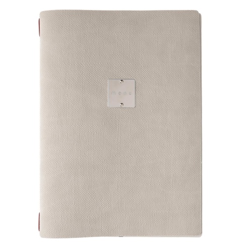 Porta Menu A4 (23,2x31,8 cm) etichetta METAL "personalizzata" (minimo 18 pezzi) cornicetta (4 facciate) elastico rosso JUTA AVOR
