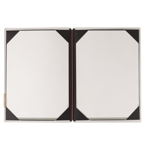 Porta Menu A4 (23,2x31,8 cm) etichetta PATCH "menu" cornicetta (4 facciate) elastico rosso JUTA AVORIO