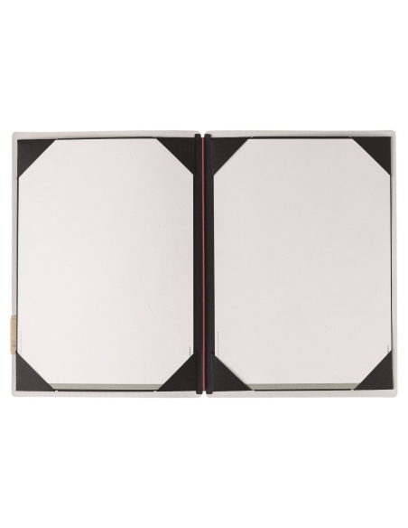 Porta Menu A4 (23,2x31,8 cm) etichetta PATCH "menu" cornicetta (4 facciate) elastico rosso JUTA AVORIO