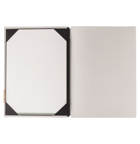 Porta Menu A4 (23,2x31,8 cm) etichetta PATCH "menu" cornicetta (4 facciate) elastico rosso JUTA AVORIO