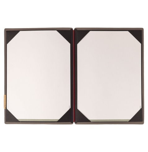 Porta Menu A4 (23,2x31,8 cm) etichetta PATCH "personalizzata" (minimo 18 pezzi) cornicetta (4 facciate) elastico rosso JUTA GRIG