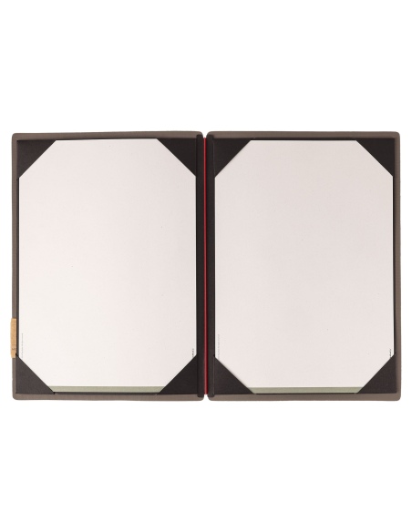 Porta Menu A4 (23,2x31,8 cm) etichetta PATCH "personalizzata" (minimo 18 pezzi) cornicetta (4 facciate) elastico rosso JUTA GRIG
