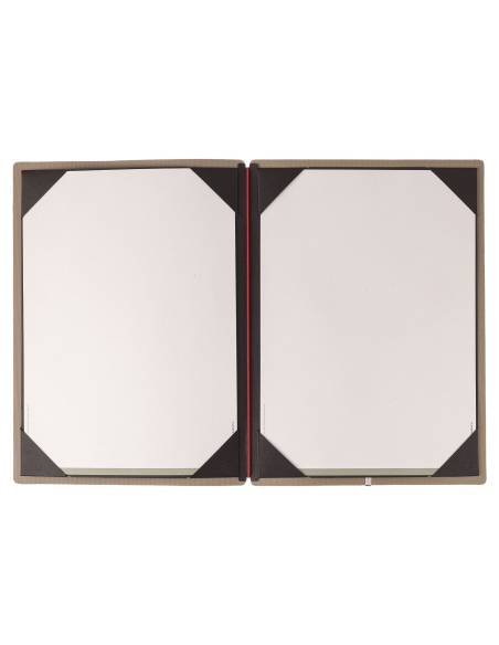 Porta Menu A4 (23,2x31,8 cm) etichetta METAL "menu" cornicetta (4 facciate) elastico rosso JUTA CAMMELLO