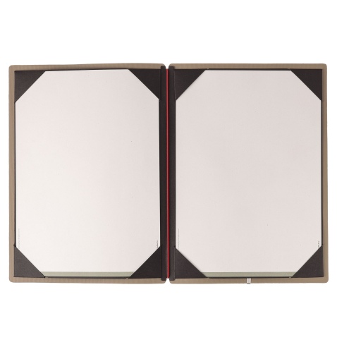 Porta Menu A4 (23,2x31,8 cm) etichetta METAL "personalizzata" (minimo 18 pezzi) cornicetta (4 facciate) elastico rosso JUTA CAMM