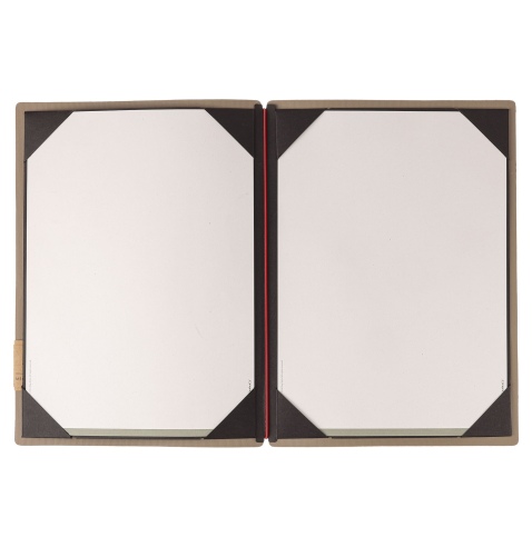Porta Menu A4 (23,2x31,8 cm) etichetta PATCH "personalizzata" (minimo 18 pezzi) cornicetta (4 facciate) elastico rosso JUTA CAMM