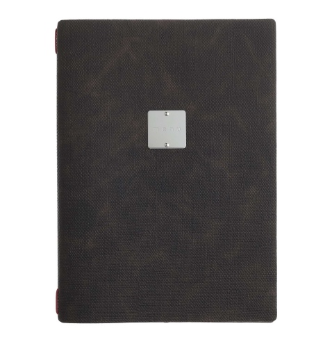 Porta Menu A4 (23,2x31,8 cm) etichetta METAL "menu" cornicetta (4 facciate) elastico rosso JUTA MARRONE