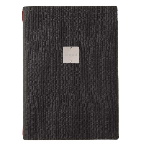 Porta Menu A4 (23,2x31,8 cm) etichetta METAL "menu" cornicetta (4 facciate) elastico rosso JUTA NERO