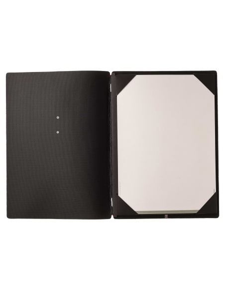 Porta Menu A4 (23,2x31,8 cm) etichetta METAL "personalizzata" (minimo 18 pezzi) cornicetta (4 facciate) elastico rosso JUTA NERO