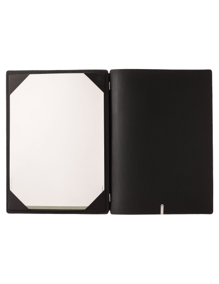 Porta Menu A4 (23,2x31,8 cm) etichetta METAL "personalizzata" (minimo 18 pezzi) cornicetta (4 facciate) elastico rosso JUTA NERO