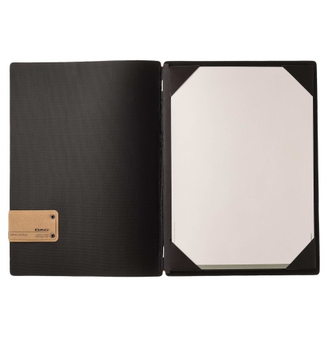 Porta Menu A4 (23,2x31,8 cm) etichetta PATCH "personalizzata" (minimo 18 pezzi) cornicetta (4 facciate) elastico rosso JUTA NERO