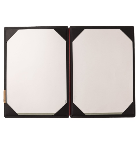 Porta Menu A4 (23,2x31,8 cm) etichetta PATCH "personalizzata" (minimo 18 pezzi) cornicetta (4 facciate) elastico rosso JUTA NERO