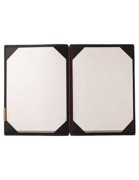 Porta Menu A4 (23,2x31,8 cm) etichetta PATCH "personalizzata" (minimo 18 pezzi) cornicetta (4 facciate) elastico rosso JUTA NERO