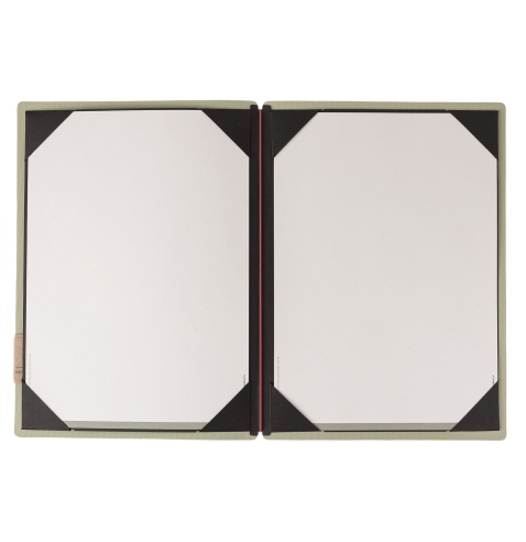 Porta Menu A4 (23,2x31,8 cm) etichetta PATCH "menu" cornicetta (4 facciate) elastico rosso JUTA SALVIA