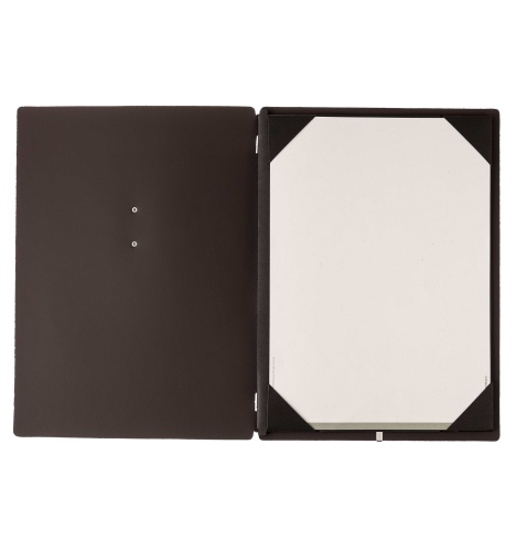 Porta Menu A4 (23,2x31,8 cm) etichetta METAL "menu" cornicetta (4 facciate) elastico nero SUGHERO MARRONE sp. 2.5