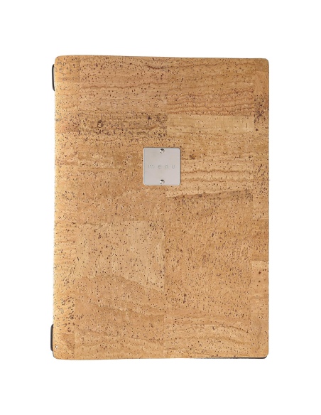 Porta Menu A4 (23,2x31,8 cm) etichetta METAL "personalizzata" (minimo 18 pezzi) cornicetta (4 facciate) elastico nero SUGHERO NA