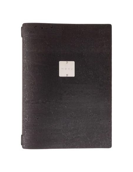 Porta Menu A4 (23,2x31,8 cm) etichetta METAL "personalizzata" (minimo 18 pezzi) cornicetta (4 facciate) elastico nero SUGHERO NE