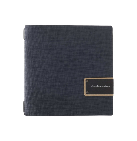 Porta Menu QUADRATO (23x23,1 cm) etichetta PATCH "menu" cornicetta (4 facciate) elastico nero CHEF BLU