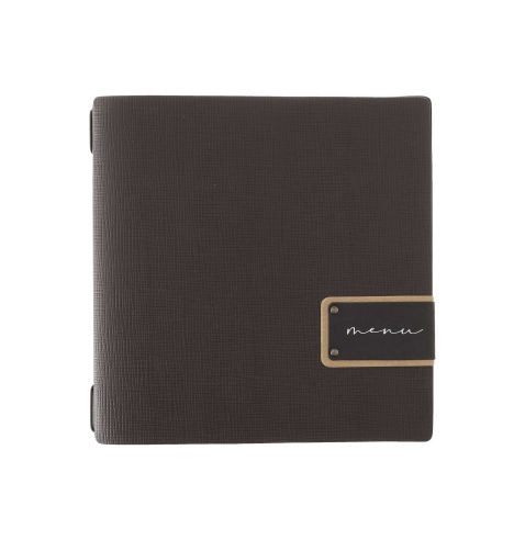 Porta Menu QUADRATO (23x23,1 cm) etichetta PATCH "menu" cornicetta (4 facciate) elastico nero CHEF MARRONE