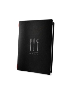 Porta Menu CUSTOM A5 (16,5x23,1 cm) "DINNER BLACK menu" cornicetta (4 facciate) elastico rosso ECO NERO sp. 0.6