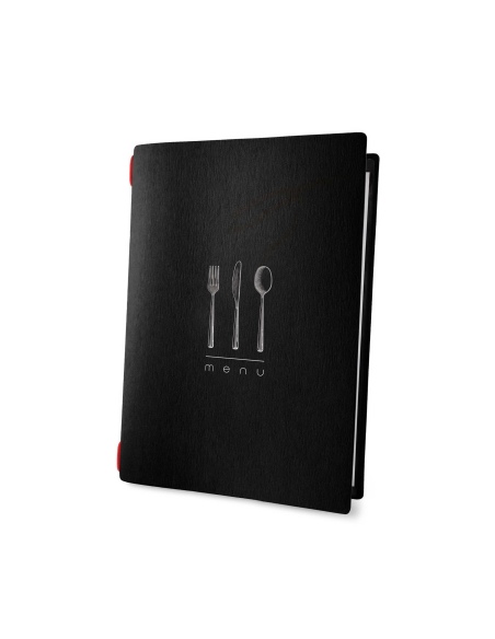 Porta Menu CUSTOM A5 (16,5x23,1 cm) "DINNER BLACK menu" cornicetta (4 facciate) elastico rosso ECO NERO sp. 0.6
