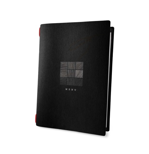 Porta Menu CUSTOM A5 (16,5x23,1 cm) "SIGN BLACK menu" cornicetta (4 facciate) elastico rosso ECO NERO sp. 0.6