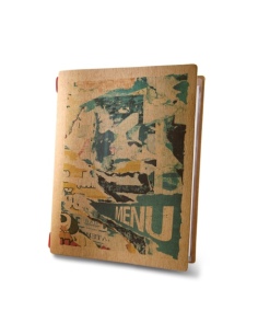 Porta Menu CUSTOM A5 (16,5x23,1 cm) "STREET ART menu" cornicetta (4 facciate) elastico rosso ECO NATURALE sp. 0.6