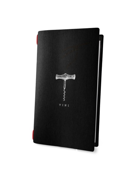 Porta Menu CUSTOM A4 SLIM (17,4x31,8 cm) "BACCO BLACK vini" cornicetta (4 facciate) elastico rosso ECO NERO sp. 0.6