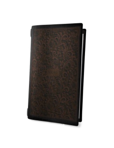 Porta Menu CUSTOM A4 SLIM (17,4x31,8 cm) "BAROCCO menu" elastico nero cornicetta (4 facciate) ECO NERO sp. 0.6