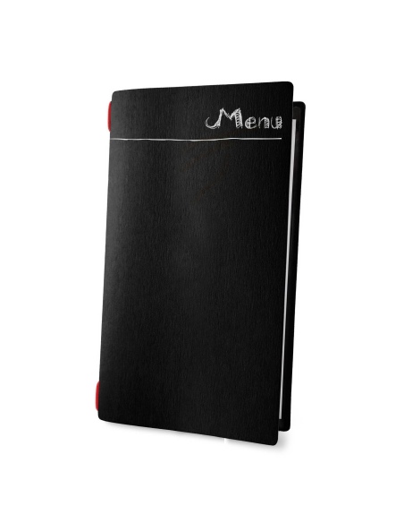 Porta Menu CUSTOM A4 SLIM (17,4x31,8 cm) "CHALK menu" cornicetta (4 facciate) elastico rosso ECO NERO sp. 0.6