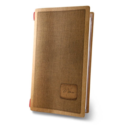 Porta Menu CUSTOM A4 SLIM (17,4x31,8 cm) "COUNTRY menu" cornicetta (4 facciate) elastico rosso ECO NATURALE sp. 0.6