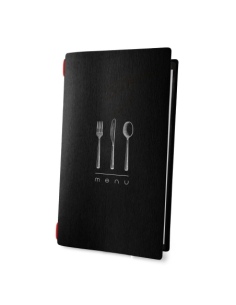 Porta Menu CUSTOM A4 SLIM (17,4x31,8 cm) "DINNER BLACK menu" cornicetta (4 facciate) elastico rosso ECO NERO sp. 0.6