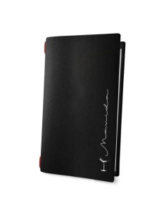 Porta Menu CUSTOM A4 SLIM (17,4x31,8 cm) "MOVIDA" cornicetta (4 facciate) elastico rosso ECO NERO sp. 0.6