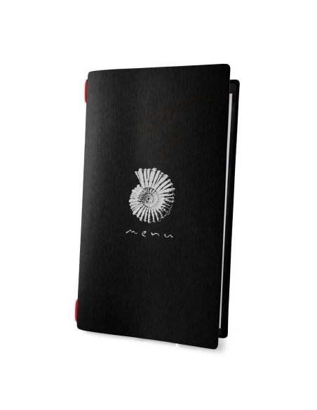 Porta Menu CUSTOM A4 SLIM (17,4x31,8 cm) "NETTUNO menu" cornicetta (4 facciate) elastico rosso ECO NERO sp. 0.6