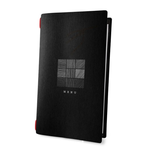 Porta Menu CUSTOM A4 SLIM (17,4x31,8 cm) "SIGN BLACK menu" cornicetta (4 facciate) elastico rosso ECO NERO sp. 0.6