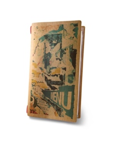Porta Menu CUSTOM A4 SLIM (17,4x31,8 cm) "STREET ART menu" cornicetta (4 facciate) elastico rosso ECO NATURALE sp. 0.6