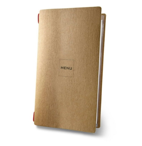 Porta Menu CUSTOM A4 SLIM (17,4x31,8 cm) "MINIMAL NATURAL menu" cornicetta (4 facciate) elastico rosso ECO NATURALE sp. 0.6