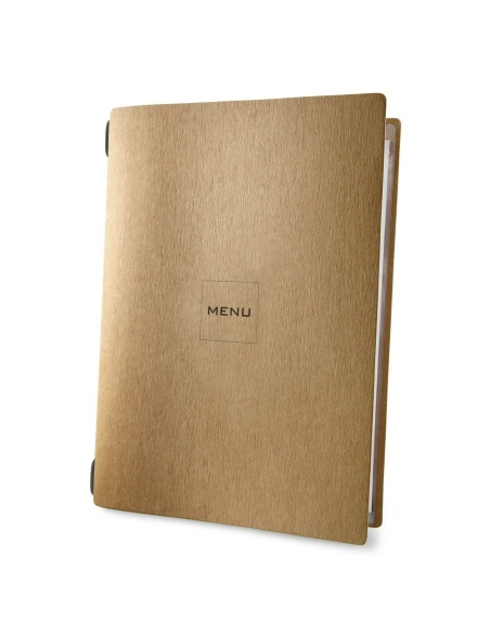 Porta Menu CUSTOM A4 (23,2x31,8 cm) "MINIMAL NATURAL menu" cornicetta (4 facciate) elastico rosso ECO NATURALE sp. 0.6